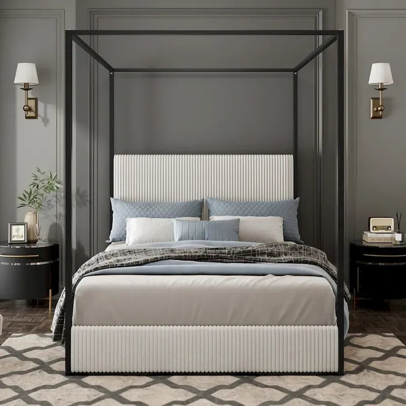 Modern Metal Canopy Bed with Tall Upholstered Headboard and Gold Four Poster