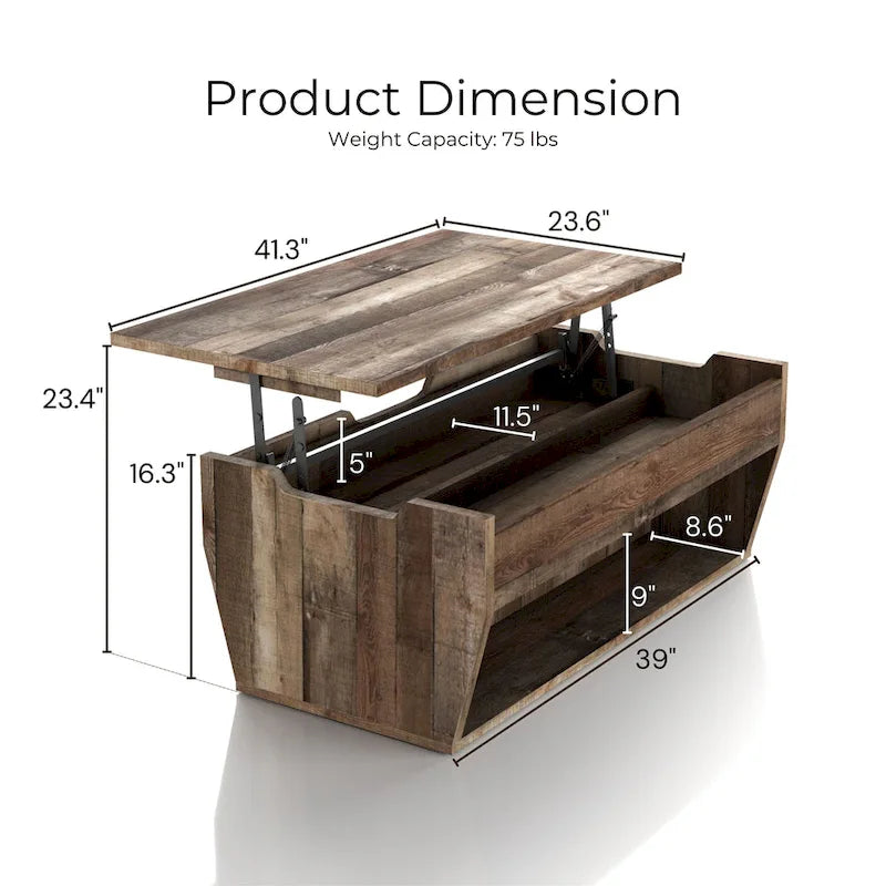 Table basse rustique relevable en bois de 41 pouces