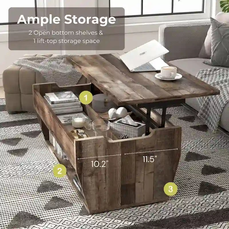 Table basse rustique relevable en bois de 41 pouces