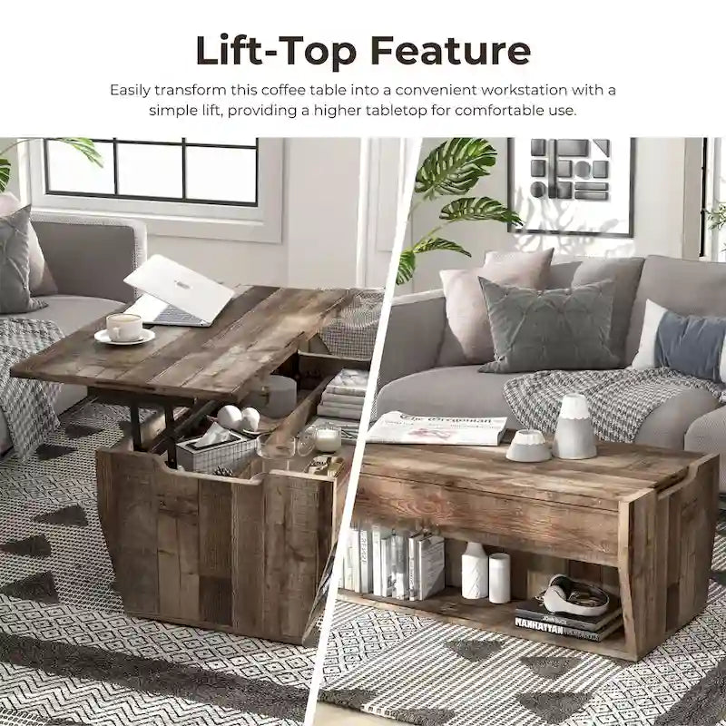 Table basse rustique relevable en bois de 41 pouces