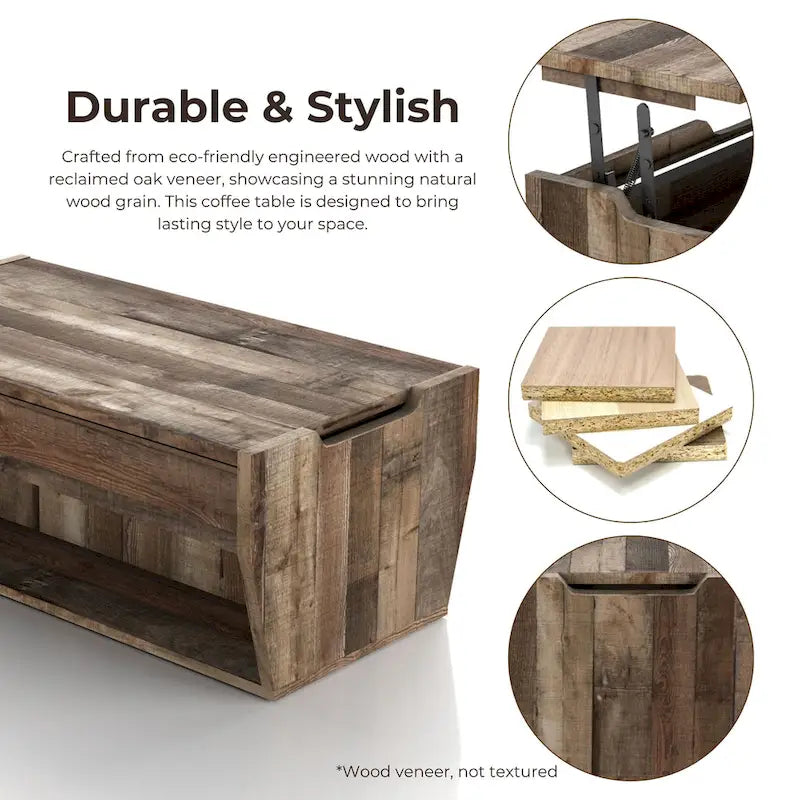 Table basse rustique relevable en bois de 41 pouces