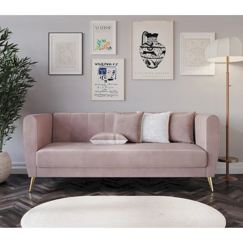 Canapé 3 places en velours à accoudoirs évasés avec 4 coussins décoratifs