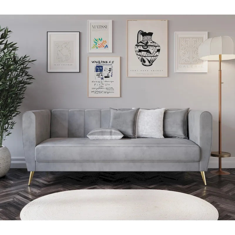 Canapé 3 places en velours à accoudoirs évasés avec 4 coussins décoratifs