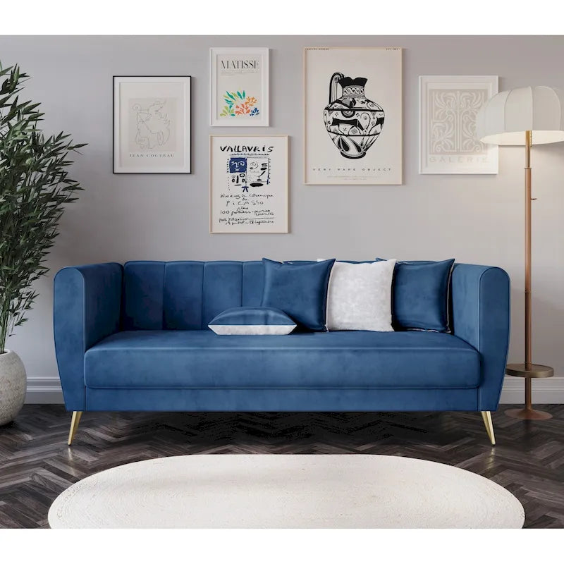 Canapé 3 places en velours à accoudoirs évasés avec 4 coussins décoratifs