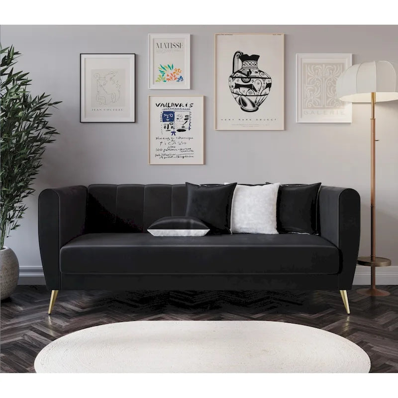 Canapé 3 places en velours à accoudoirs évasés avec 4 coussins décoratifs