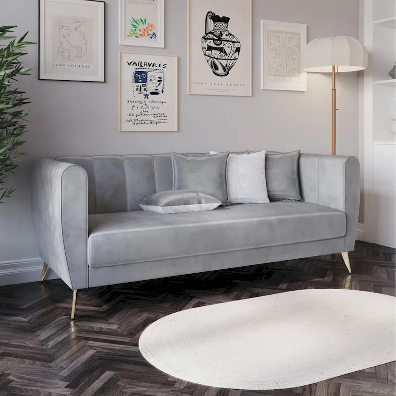 Canapé 3 places en velours à accoudoirs évasés avec 4 coussins décoratifs
