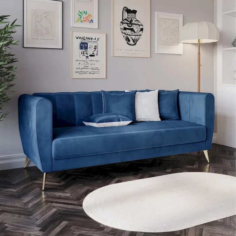Canapé 3 places en velours à accoudoirs évasés avec 4 coussins décoratifs