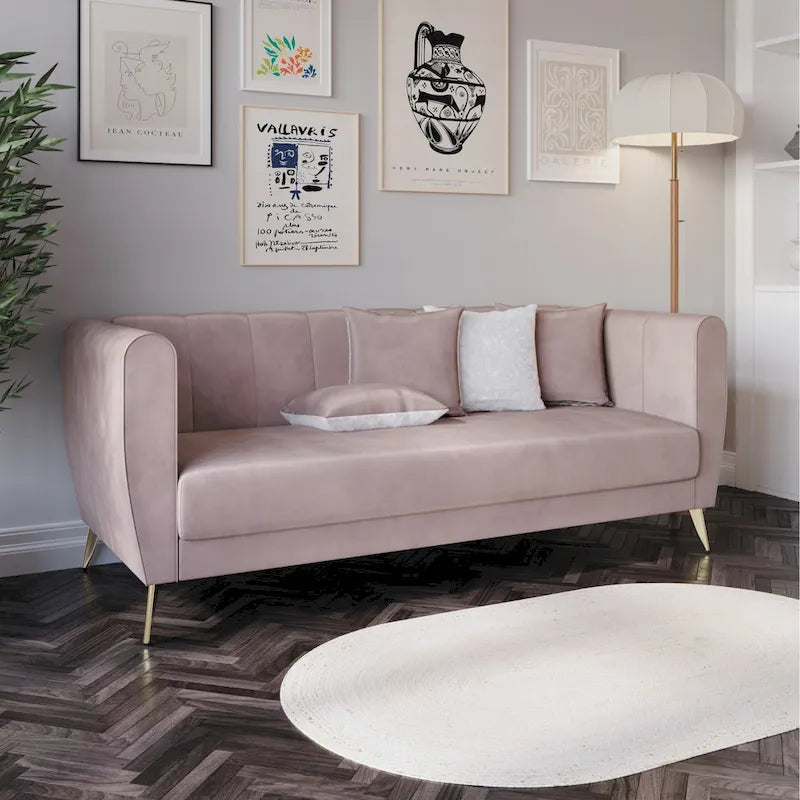 Canapé 3 places en velours à accoudoirs évasés avec 4 coussins décoratifs