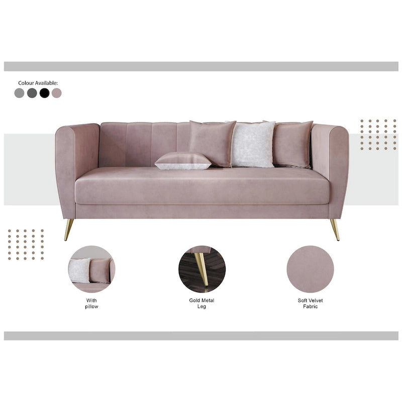Canapé 3 places en velours à accoudoirs évasés avec 4 coussins décoratifs