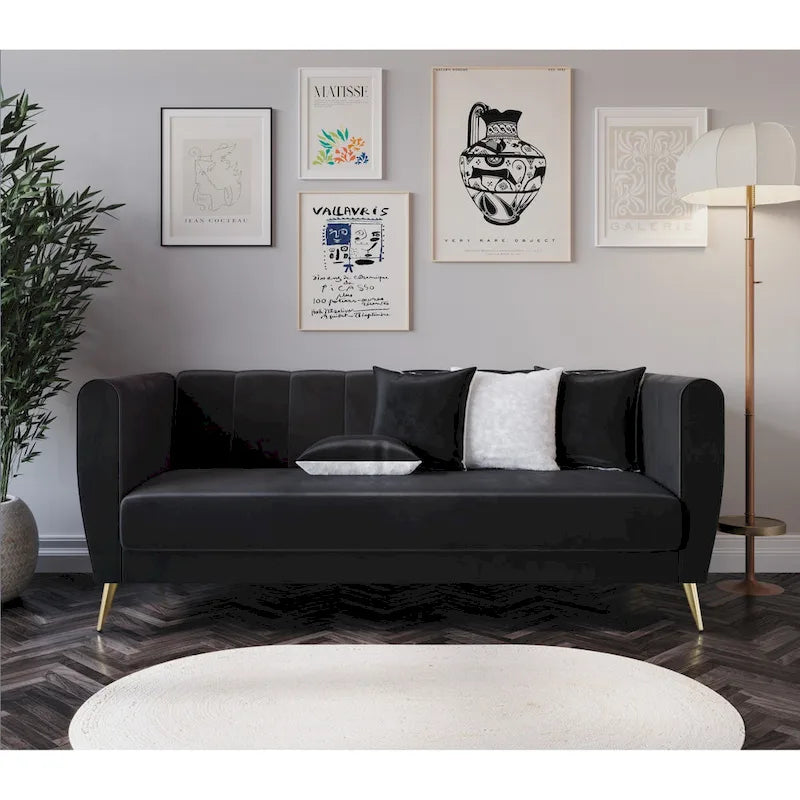 Canapé 3 places en velours à accoudoirs évasés avec 4 coussins décoratifs