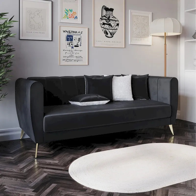 Canapé 3 places en velours à accoudoirs évasés avec 4 coussins décoratifs
