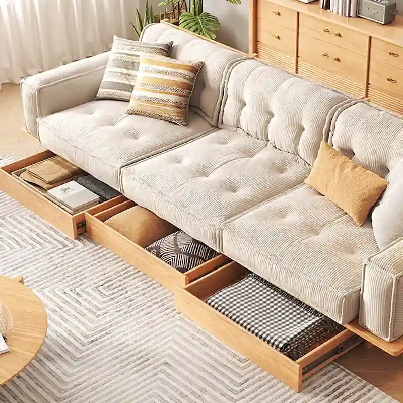 Canapé en velours côtelé beige avec cadre en bois