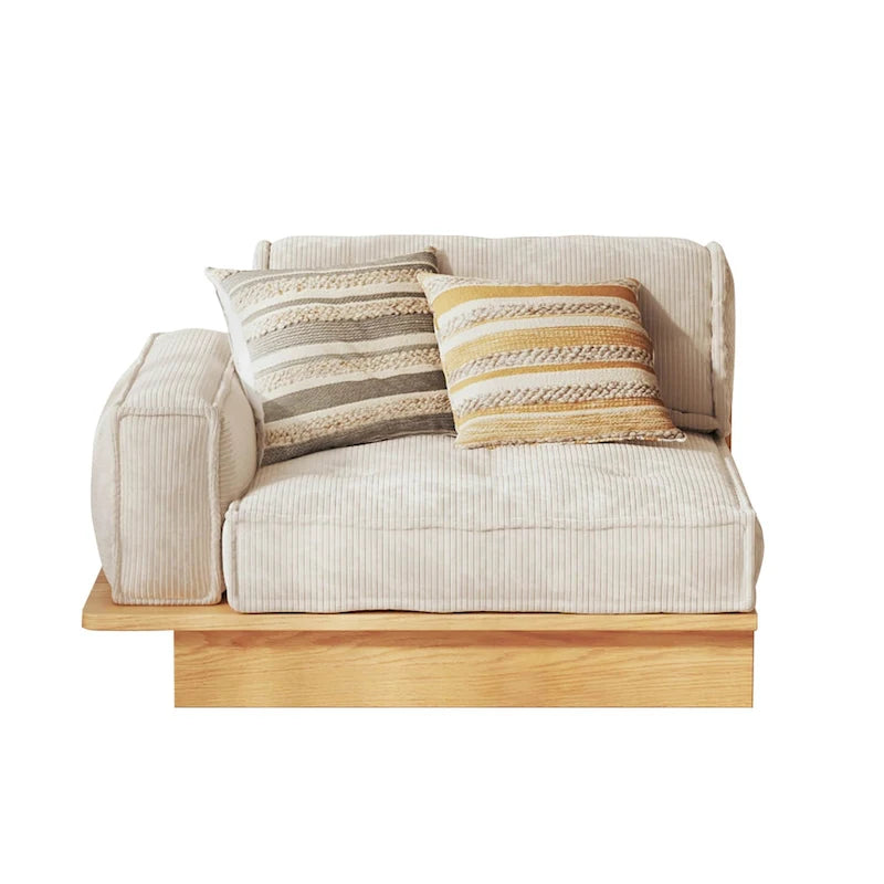 Canapé en velours côtelé beige avec cadre en bois