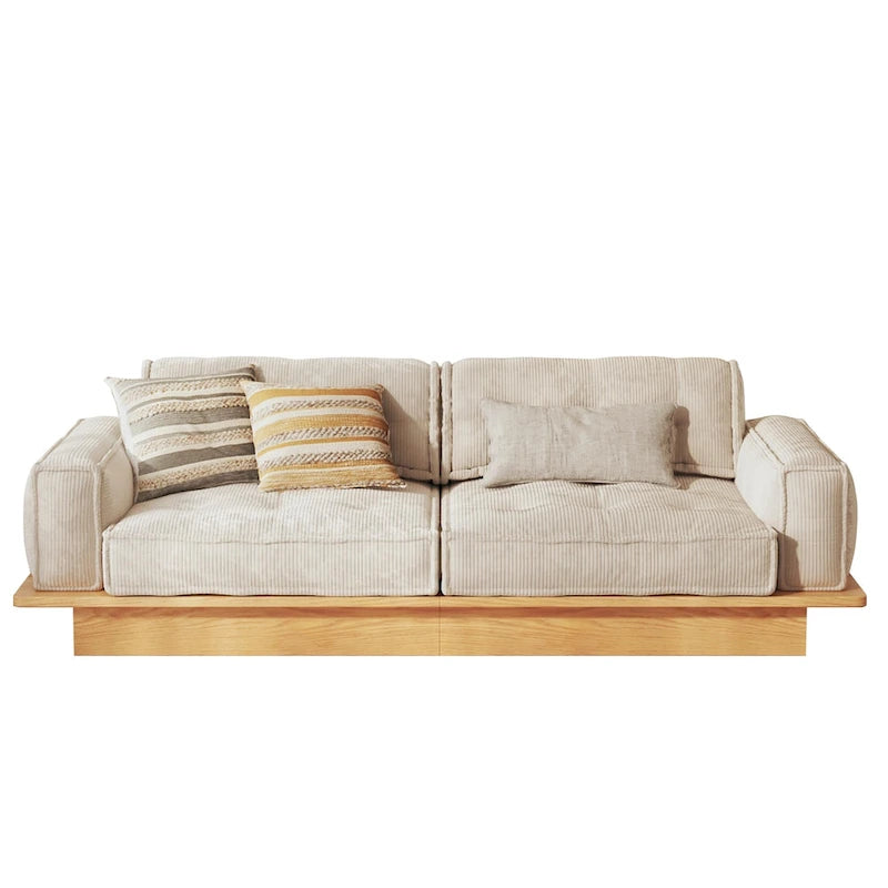Canapé en velours côtelé beige avec cadre en bois