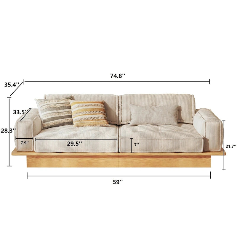 Canapé en velours côtelé beige avec cadre en bois