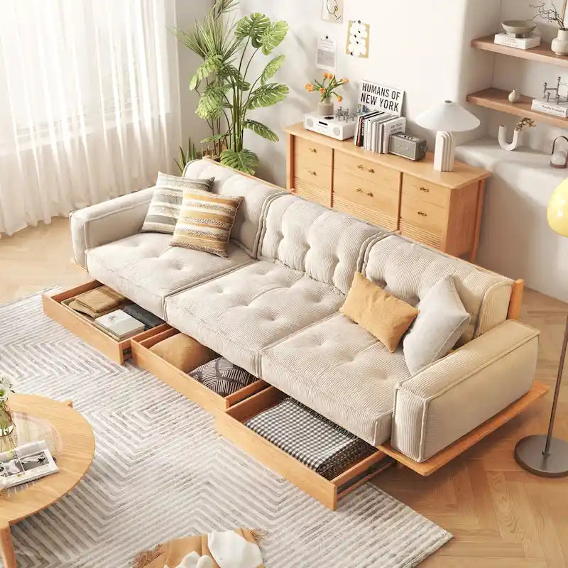 Canapé en velours côtelé beige avec cadre en bois