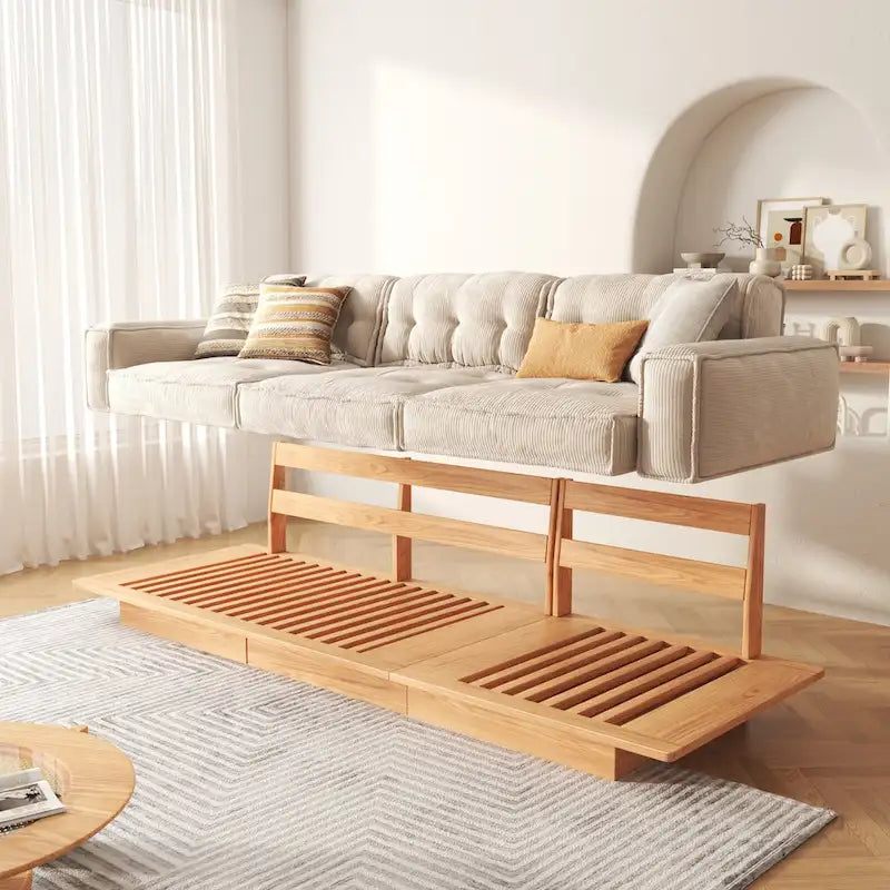 Canapé en velours côtelé beige avec cadre en bois