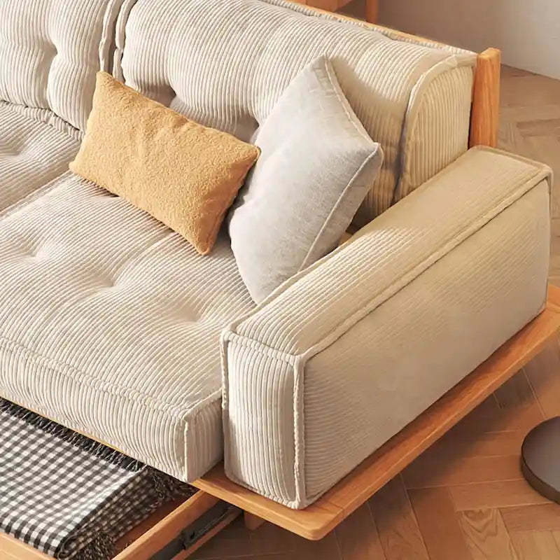 Canapé en velours côtelé beige avec cadre en bois