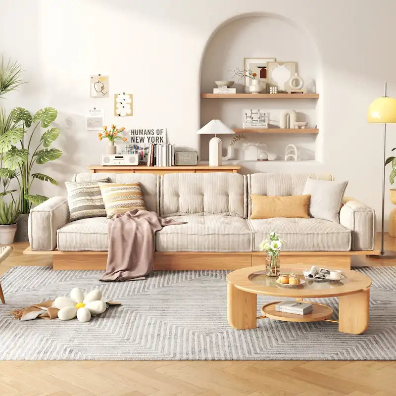 Canapé en velours côtelé beige avec cadre en bois