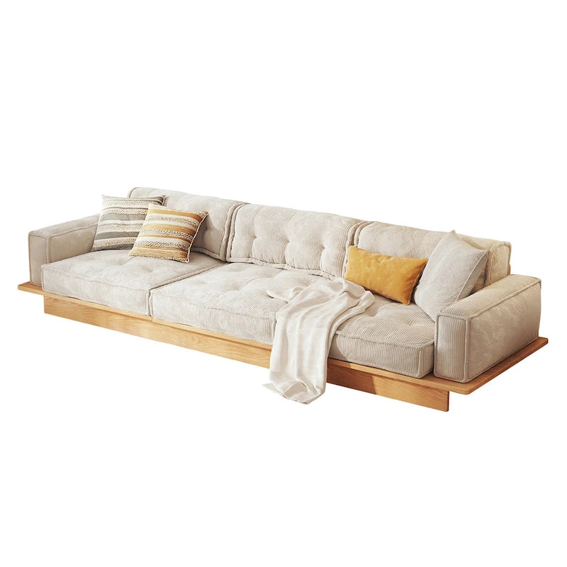 Canapé en velours côtelé beige avec cadre en bois