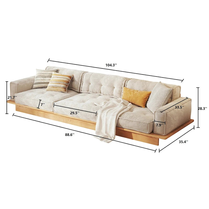 Canapé en velours côtelé beige avec cadre en bois