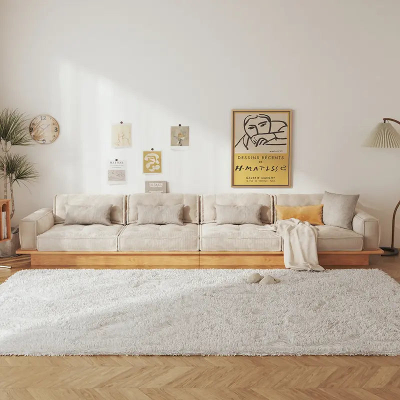 Canapé en velours côtelé beige avec cadre en bois