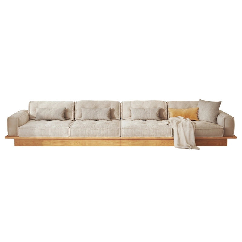 Canapé en velours côtelé beige avec cadre en bois