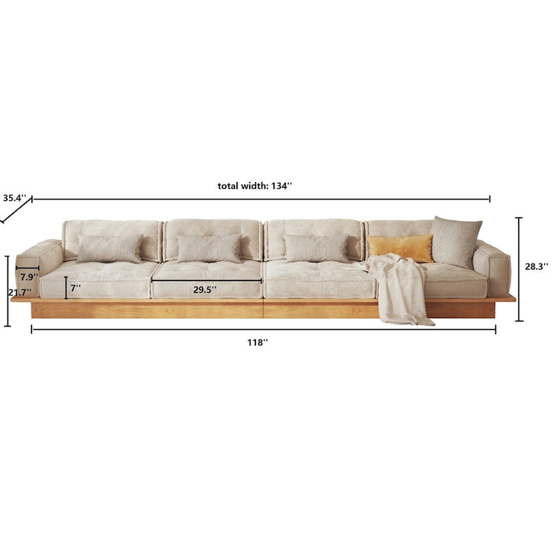 Canapé en velours côtelé beige avec cadre en bois