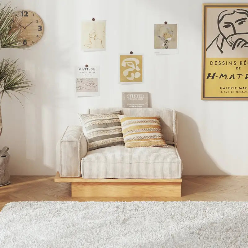 Canapé en velours côtelé beige avec cadre en bois