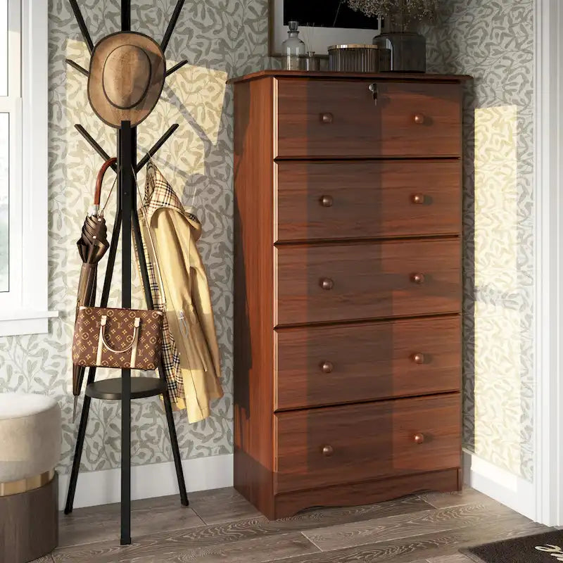 Commode 5 tiroirs géants en bois massif avec serrure, poignées en métal ou en bois