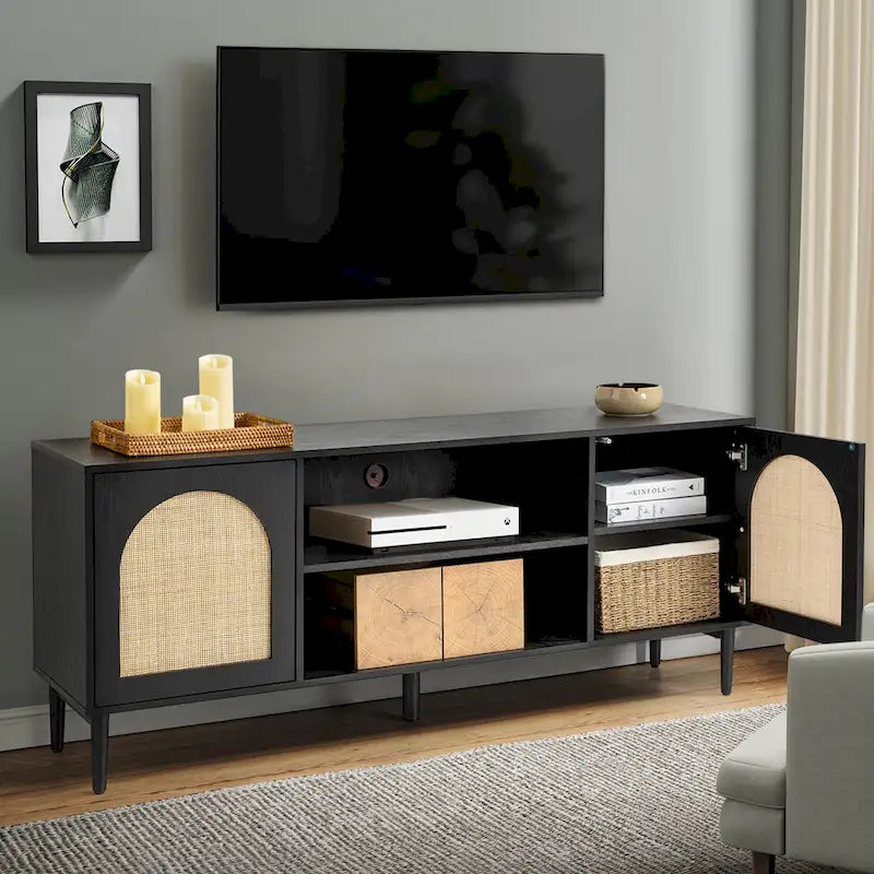 Meuble TV moderne en rotin Uirico, centres de divertissement avec portes à ouverture par pression par