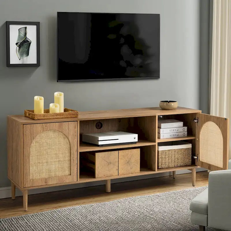 Meuble TV moderne en rotin Uirico, centres de divertissement avec portes à ouverture par pression par