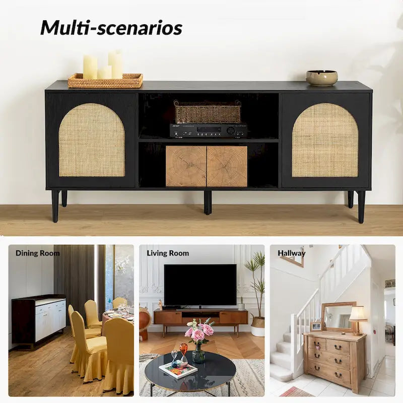 Meuble TV moderne en rotin Uirico, centres de divertissement avec portes à ouverture par pression par