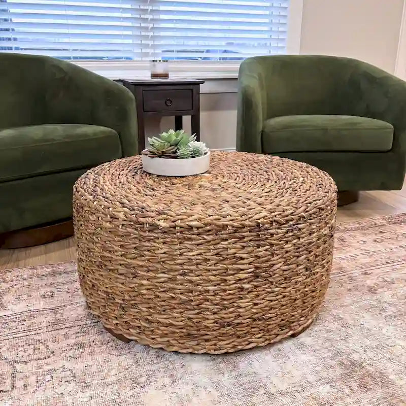 Pouf Table Basse Ronde en Bois d'Abaca Naturel Tressé à la Main