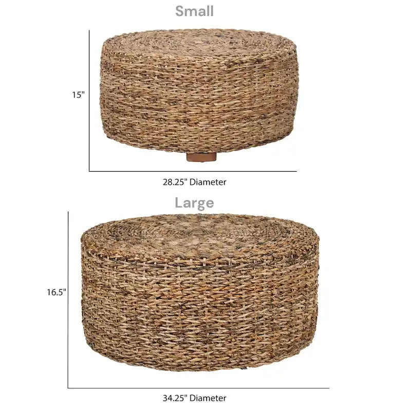 Pouf Table Basse Ronde en Bois d'Abaca Naturel Tressé à la Main