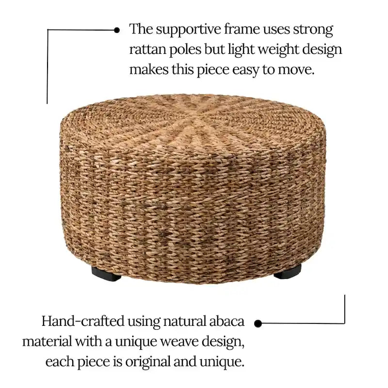 Pouf Table Basse Ronde en Bois d'Abaca Naturel Tressé à la Main