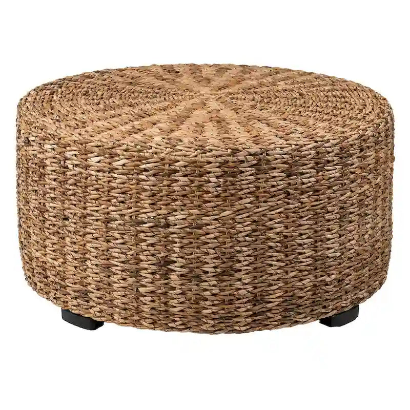 Pouf Table Basse Ronde en Bois d'Abaca Naturel Tressé à la Main