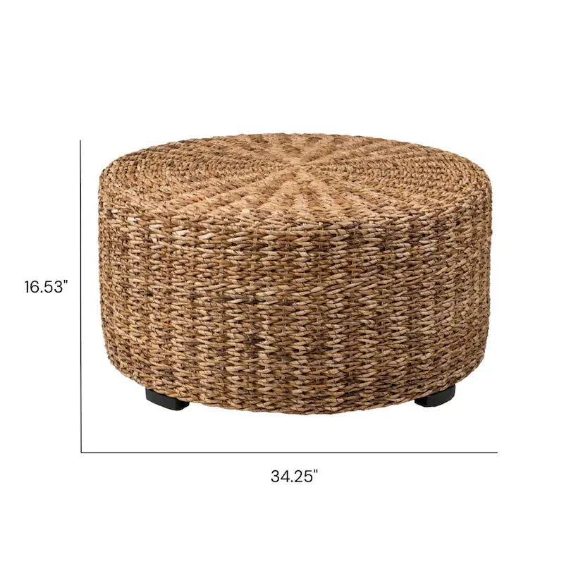 Pouf Table Basse Ronde en Bois d'Abaca Naturel Tressé à la Main