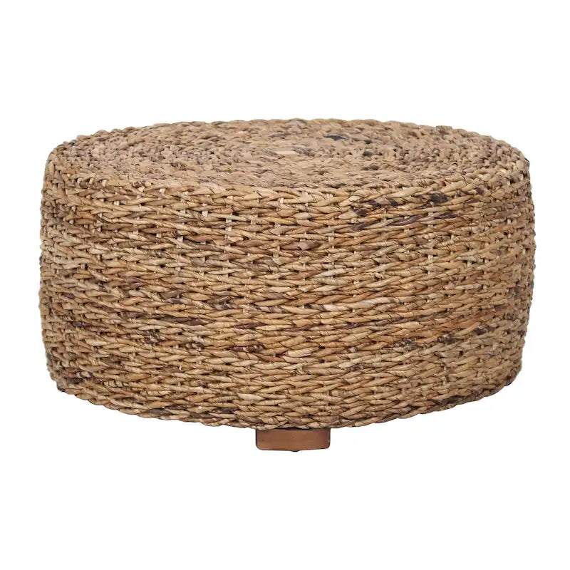 Pouf Table Basse Ronde en Bois d'Abaca Naturel Tressé à la Main