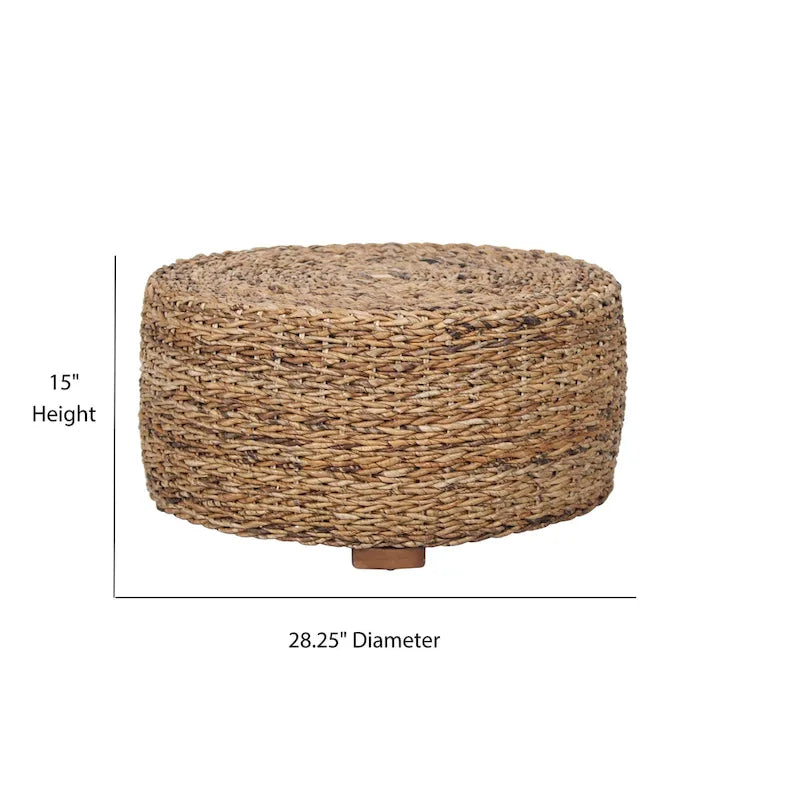 Pouf Table Basse Ronde en Bois d'Abaca Naturel Tressé à la Main