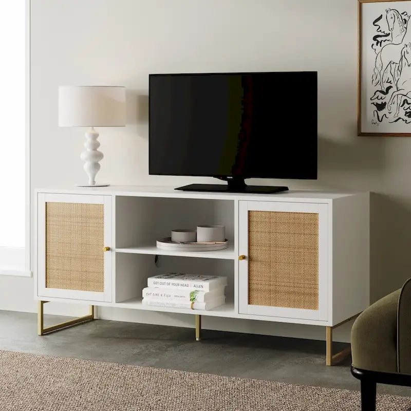 Meuble TV moderne console multimédia en bois de chêne et accents noirs avec portes de rangement