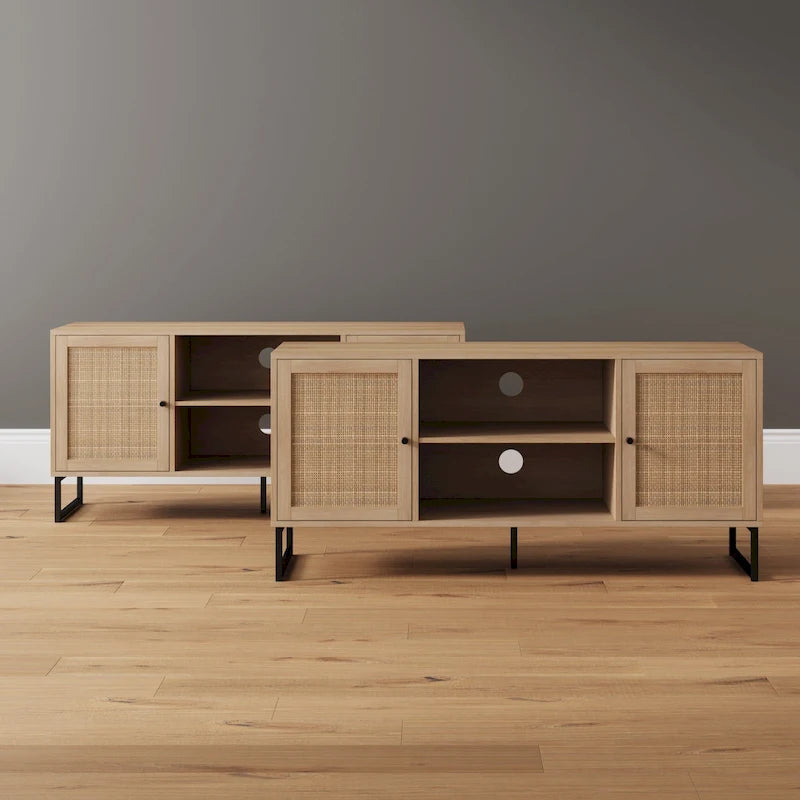 Meuble TV moderne console multimédia en bois de chêne et accents noirs avec portes de rangement