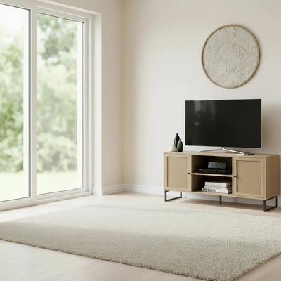 Meuble TV moderne console multimédia en bois de chêne et accents noirs avec portes de rangement