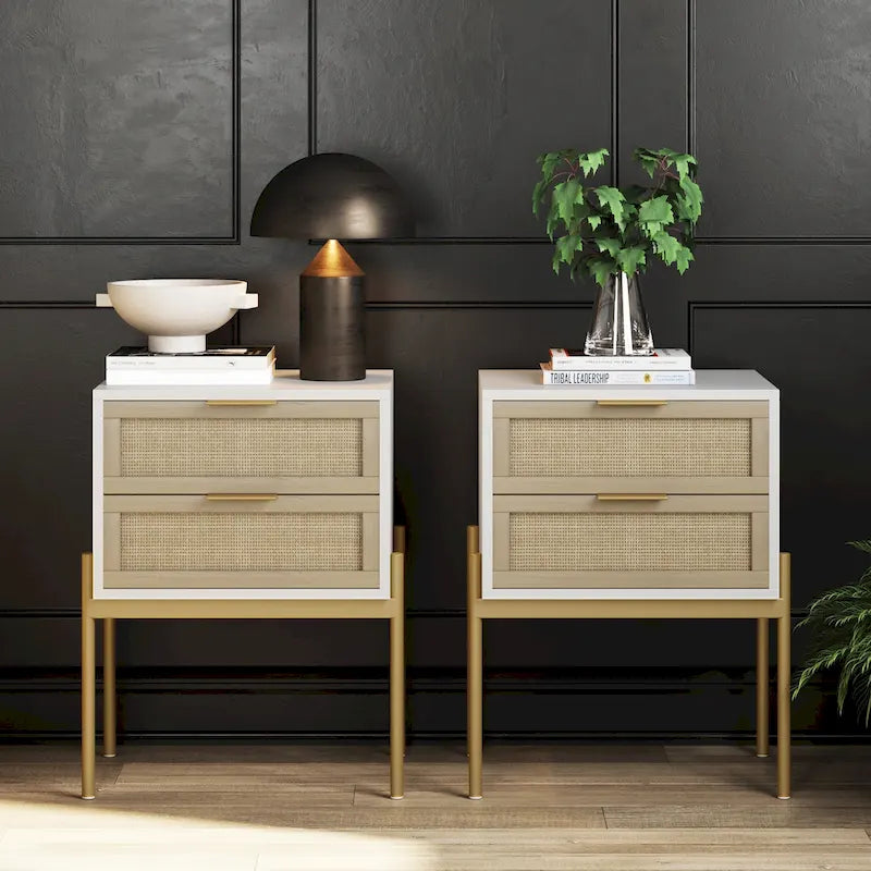 Table d'appoint en rotin avec rangement et accents dorés