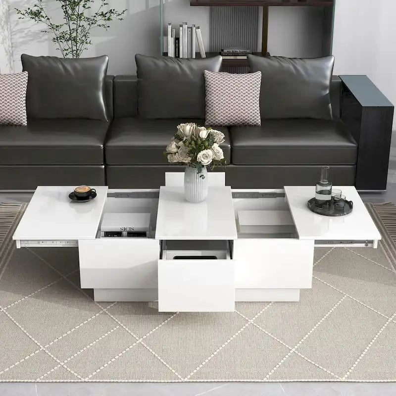 Table basse multifonctionnelle extensible, table de canapé, table à cocktail avec 2 compartiments de rangement cachés