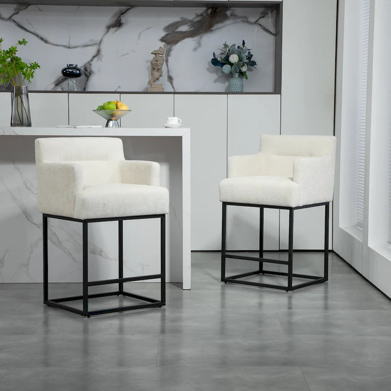 Tabourets de bar modernes en chenille/cuir avec structure en métal et dossier plein (lot de 2)
