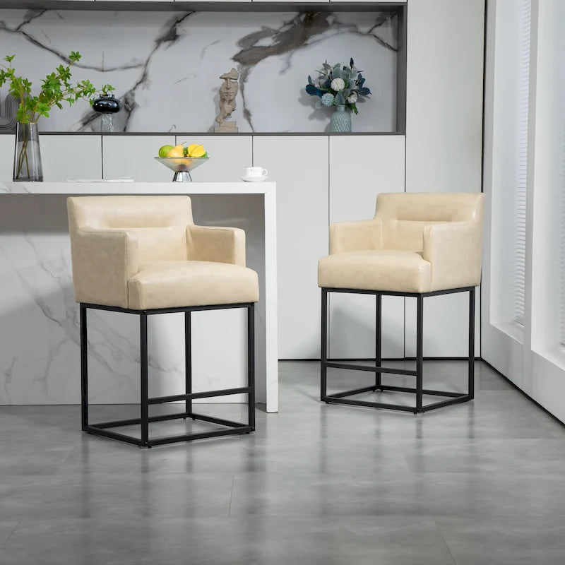 Tabourets de bar modernes en chenille/cuir avec structure en métal et dossier plein (lot de 2)