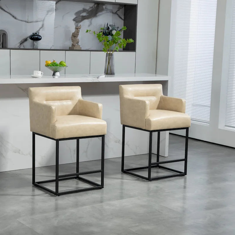 Modern Chenille/Leather Upholstered Bar Stools with Metal Frames and Solid Back (set of 2)