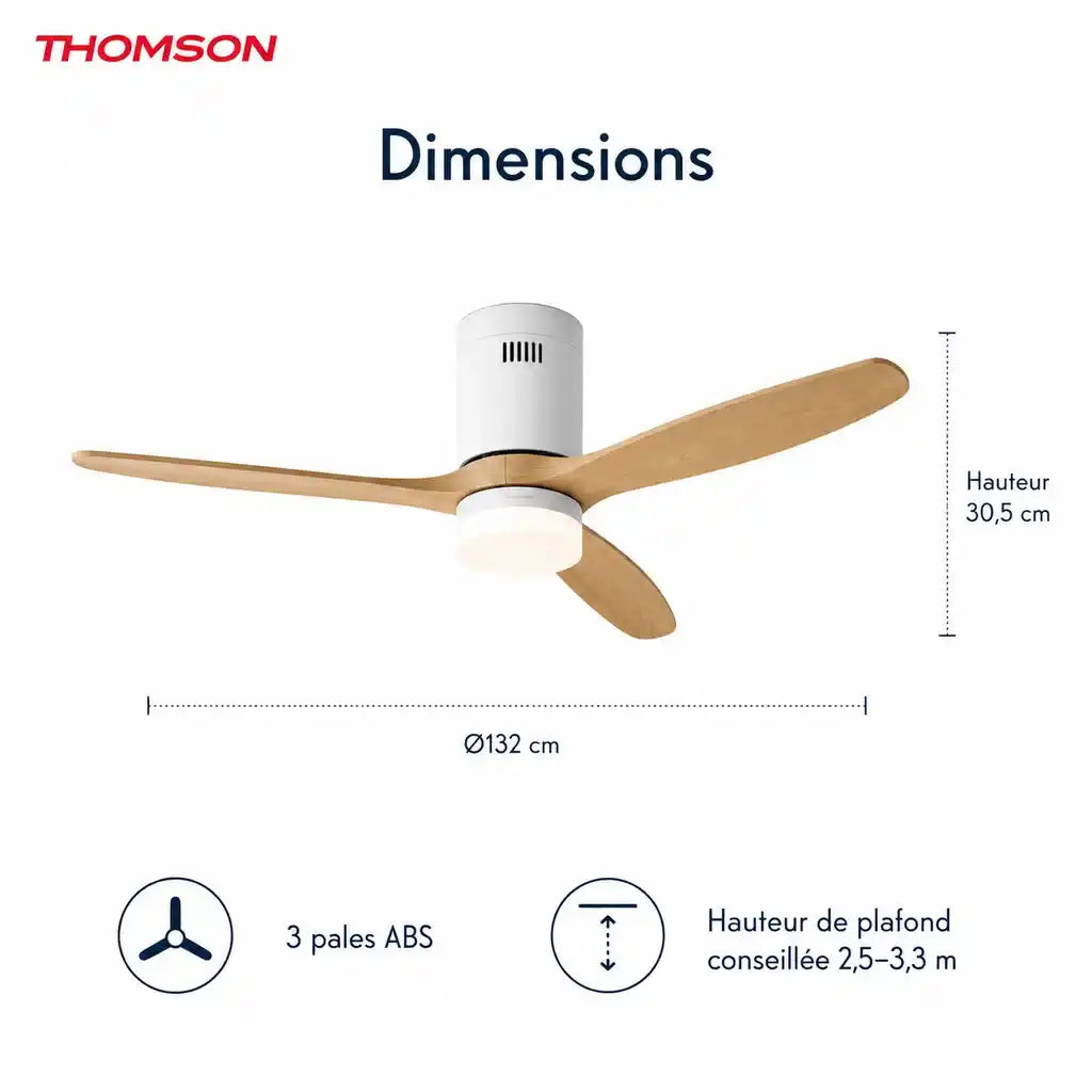 Ventilateur de plafond silencieux, 132 cm, moteur de 38 W avec éclairage LED intégré