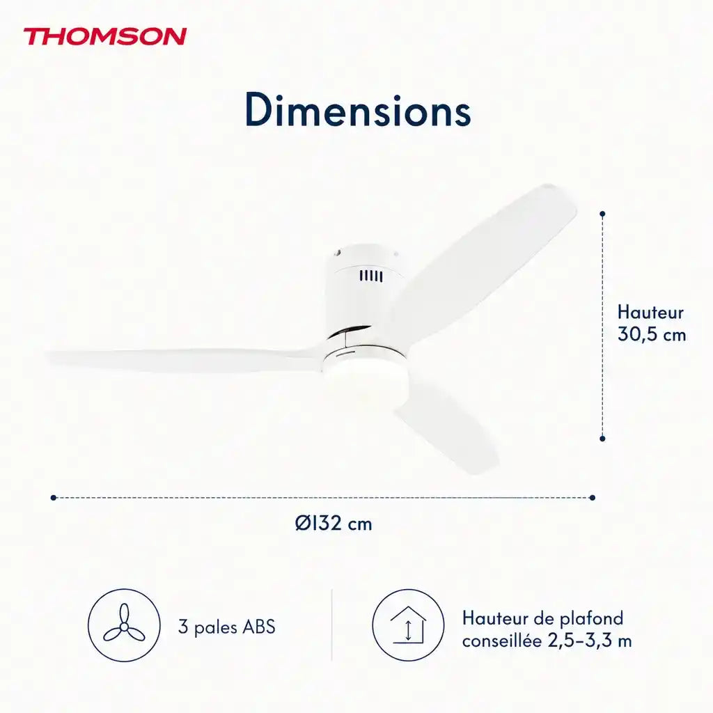 Ventilateur de plafond silencieux, 132 cm, moteur de 38 W avec éclairage LED intégré